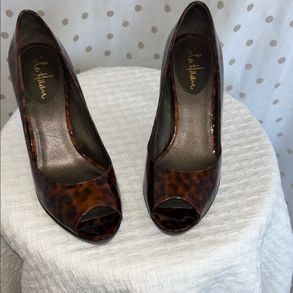 Cole Haan Brown Leopard Peep Toe Heels - Picture 1 of 10